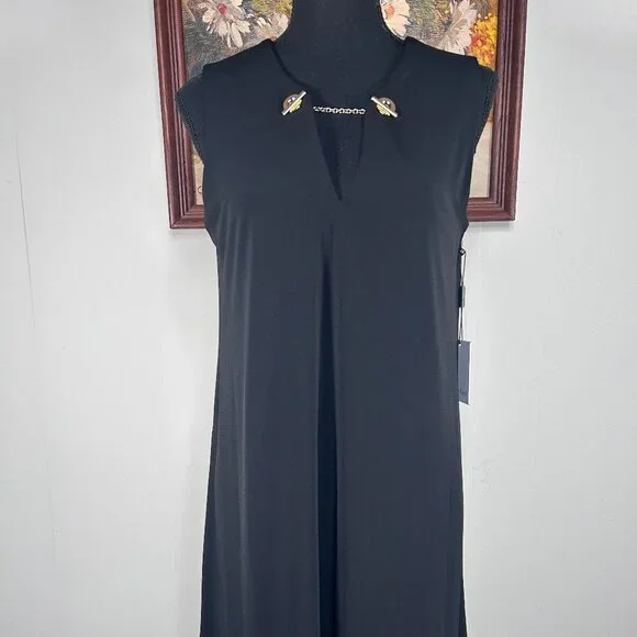 calvin klein black dress with gold chain Calvin Klein Gold Chain Strap Cowl Neck Black Sheath Mini Cocktail Dress  Size 12